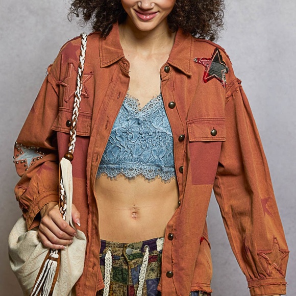 New Pol Denim Shacket Top Button Shirt Women Stars Boho Anthropologie Terra Cota - Picture 4 of 13